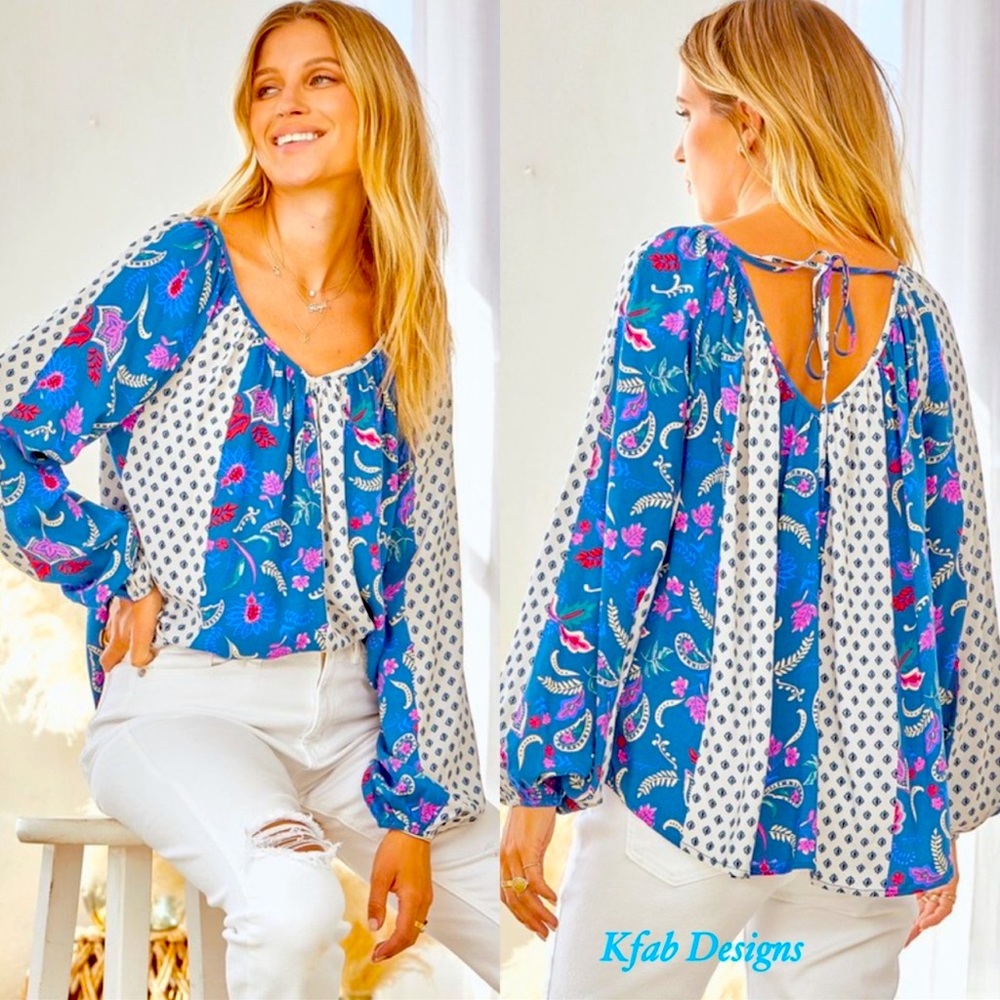 B79A💙Stunning blue mixed print blouse w/balloon sleeves+tie back! Office2out💙.